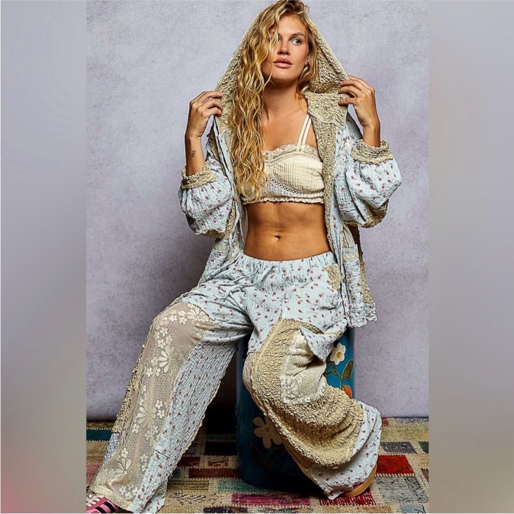 POL "Rose Garden Set” Lace Hoodie and Pants Set Powder Blue